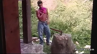Handsome gays anal fuck on the door of contry bungalow